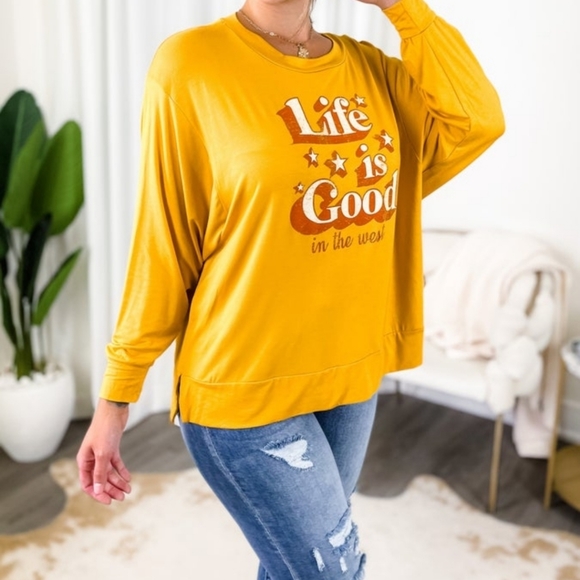 NWT Sew in Love sz XL yellow Life is Good long sleeve graphic top - Picture 2 of 6